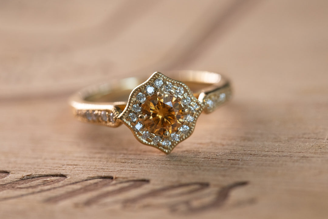 Honey Brown Whiskey Diamond in Yellow Gold Moissanite Engagement or Promise Ring Antique Mandala Alternative Bride Gold Lotus Ring