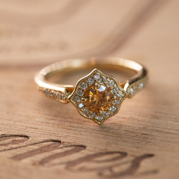 Honey Brown Whiskey Diamond in Yellow Gold Moissanite Engagement or Promise Ring Antique Mandala Alternative Bride Gold Lotus Ring