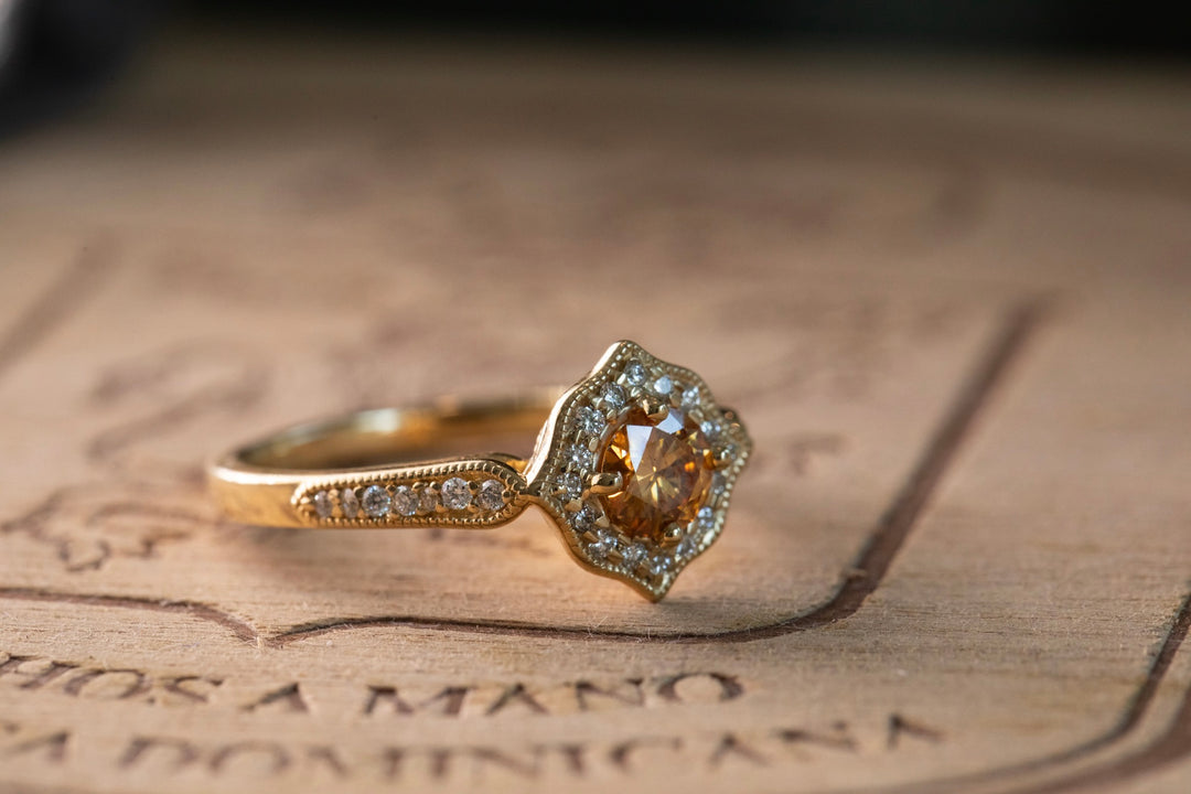 Honey Brown Whiskey Diamond in Yellow Gold Moissanite Engagement or Promise Ring Antique Mandala Alternative Bride Gold Lotus Ring