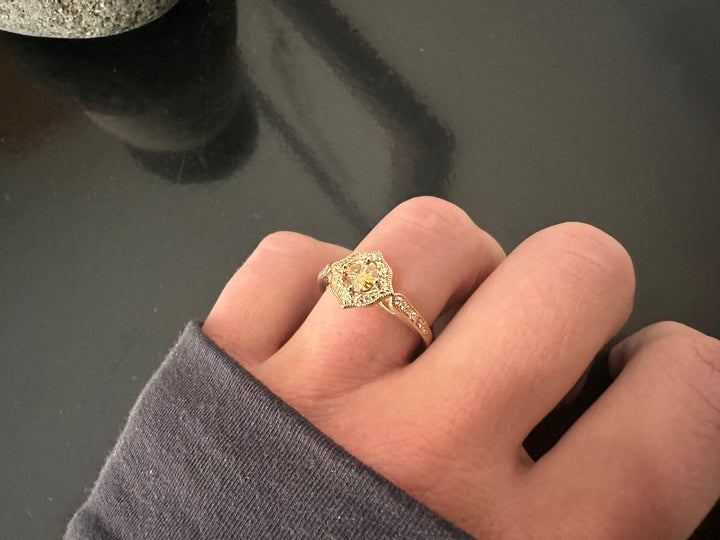 Honey Brown Whiskey Diamond in Yellow Gold Moissanite Engagement or Promise Ring Antique Mandala Alternative Bride Gold Lotus Ring