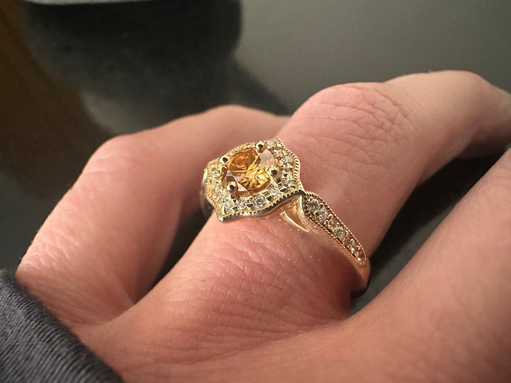 Honey Brown Whiskey Diamond in Yellow Gold Moissanite Engagement or Promise Ring Antique Mandala Alternative Bride Gold Lotus Ring