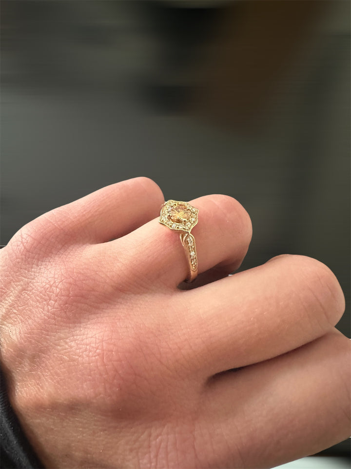 Honey Brown Whiskey Diamond in Yellow Gold Moissanite Engagement or Promise Ring Antique Mandala Alternative Bride Gold Lotus Ring