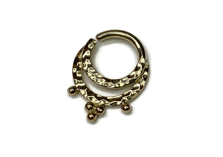 Solid 14 Karat Yellow Gold Beaded Double Hammered Septum Ring