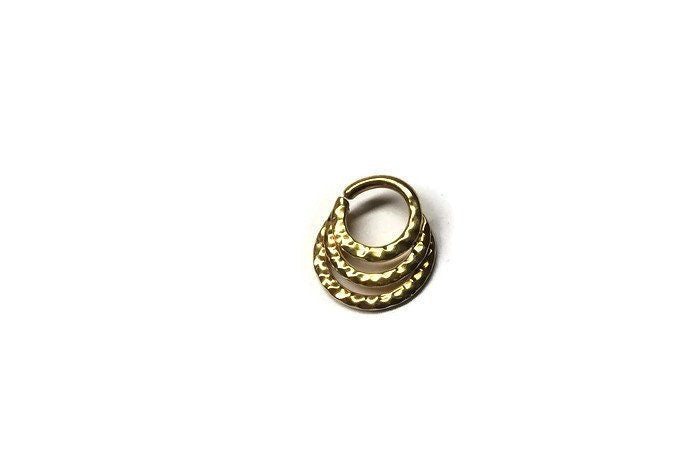 14 Karat Solid Yellow Gold Triple Hammered Septum Ring ~ Three in One Nose Hoop with Hammer Texture ~ 14K Gold Body Jewelry