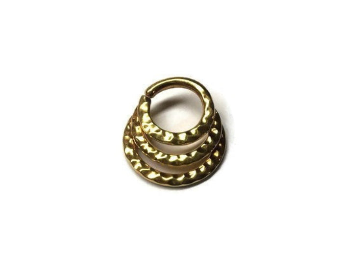14 Karat Solid Yellow Gold Triple Hammered Septum Ring ~ Three in One Nose Hoop with Hammer Texture ~ 14K Gold Body Jewelry
