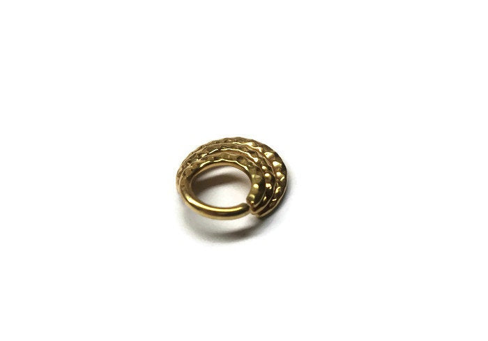 14 Karat Solid Yellow Gold Triple Hammered Septum Ring ~ Three in One Nose Hoop with Hammer Texture ~ 14K Gold Body Jewelry