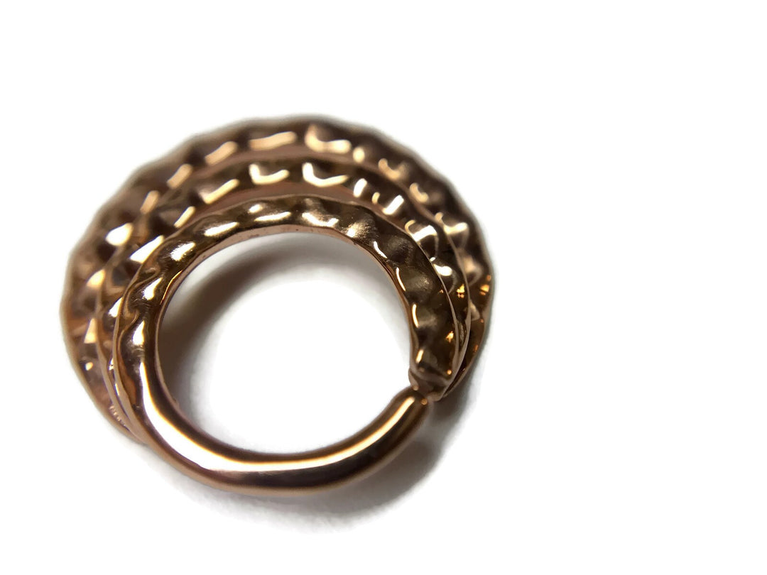 14K Rose Gold Triple Hammered Septum Ring ~ Textured Three in One Nose Hoop ~ Solid 14 Karat Rose Gold Nose Ring