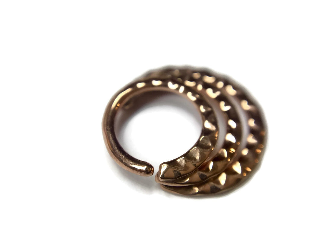 14K Rose Gold Triple Hammered Septum Ring ~ Textured Three in One Nose Hoop ~ Solid 14 Karat Rose Gold Nose Ring