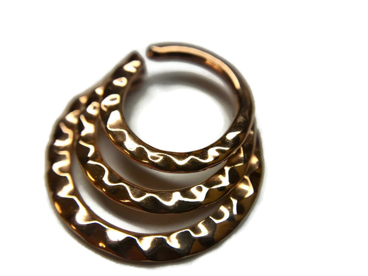 14K Rose Gold Triple Hammered Septum Ring ~ Textured Three in One Nose Hoop ~ Solid 14 Karat Rose Gold Nose Ring