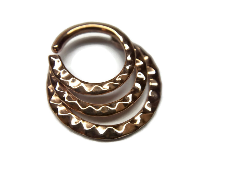 14K Rose Gold Triple Hammered Septum Ring ~ Textured Three in One Nose Hoop ~ Solid 14 Karat Rose Gold Nose Ring