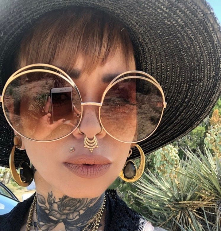 Solid 14 Karat Yellow Gold Beaded Triple Hammered Septum Ring ~ Textured Layered Tribal Septum Ring With Dotted Details