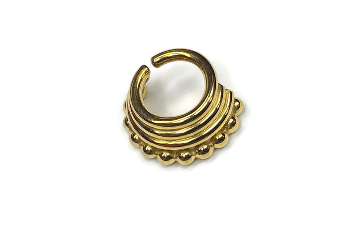 14K Yellow Gold Quadruple Layered Septum Ring ~ Solid Gold Nose Hoop ~ Quad Stacked and Beaded Nose Ring ~ Tribal Style
