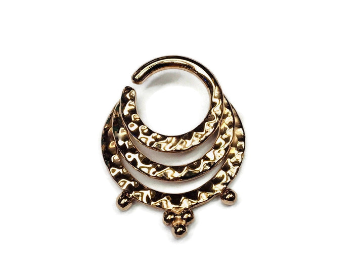 Solid 14 Karat Yellow Gold Beaded Triple Hammered Septum Ring ~ Textured Layered Tribal Septum Ring With Dotted Details