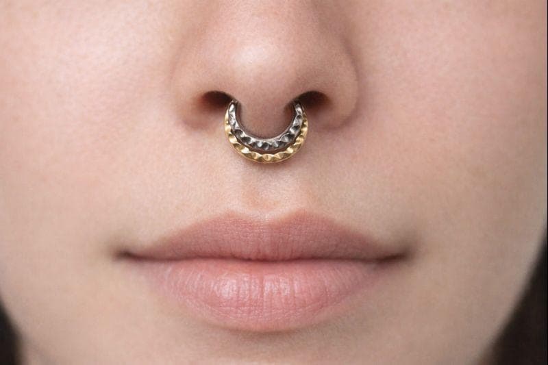 Two Tone Hammered Septum Ring ~ Layer Textured Nose Ring ~ Body Jewelry Hoops ~ Sterling Silver and Solid 14 Karat Yellow Gold
