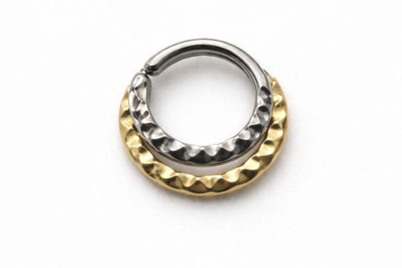 Two Tone Hammered Septum Ring ~ Layer Textured Nose Ring ~ Body Jewelry Hoops ~ Sterling Silver and Solid 14 Karat Yellow Gold