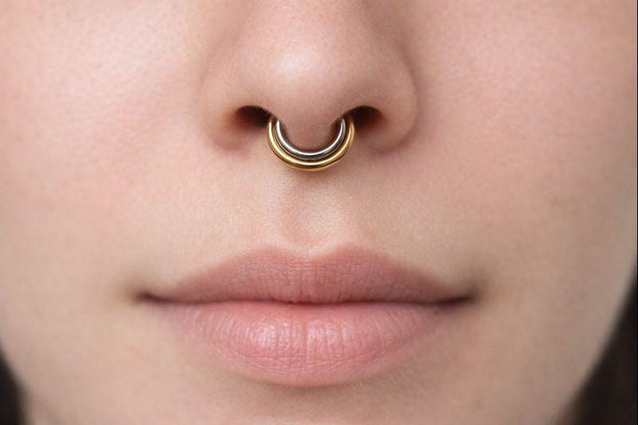 Two Tone Septum Ring ~ Double Nose Ring ~ Body Jewelry Hoops ~ Sterling Silver and Solid 14 Karat Yellow Gold