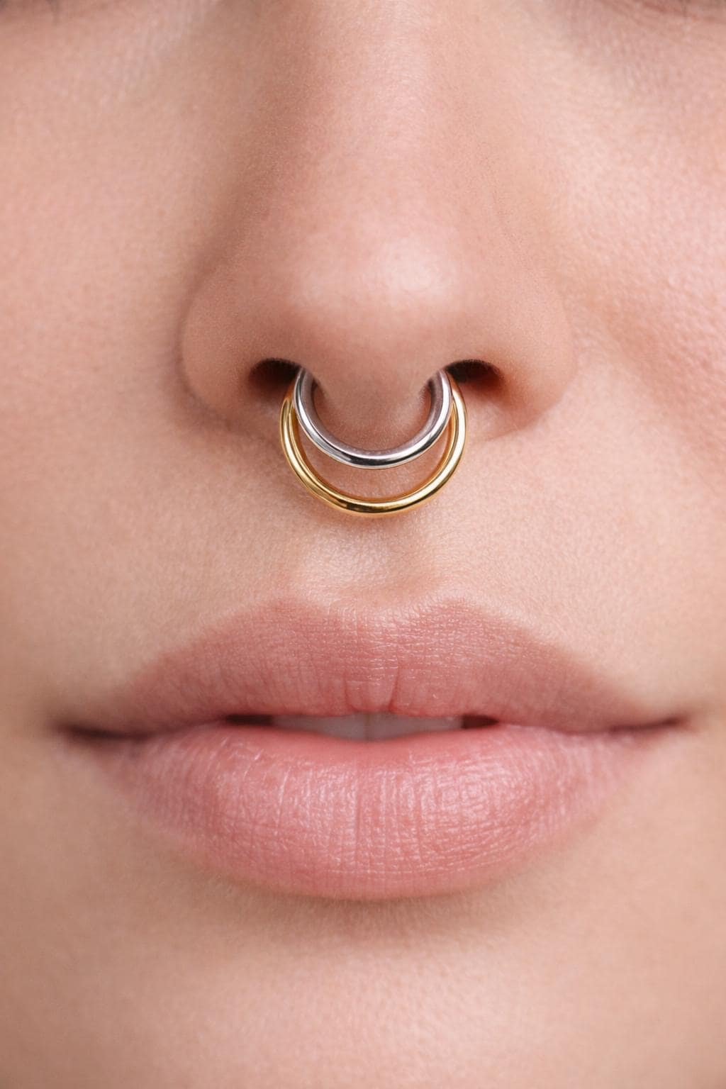 Two Tone Septum Ring ~ Double Nose Ring ~ Body Jewelry Hoops ~ Sterling Silver and Solid 14 Karat Yellow Gold