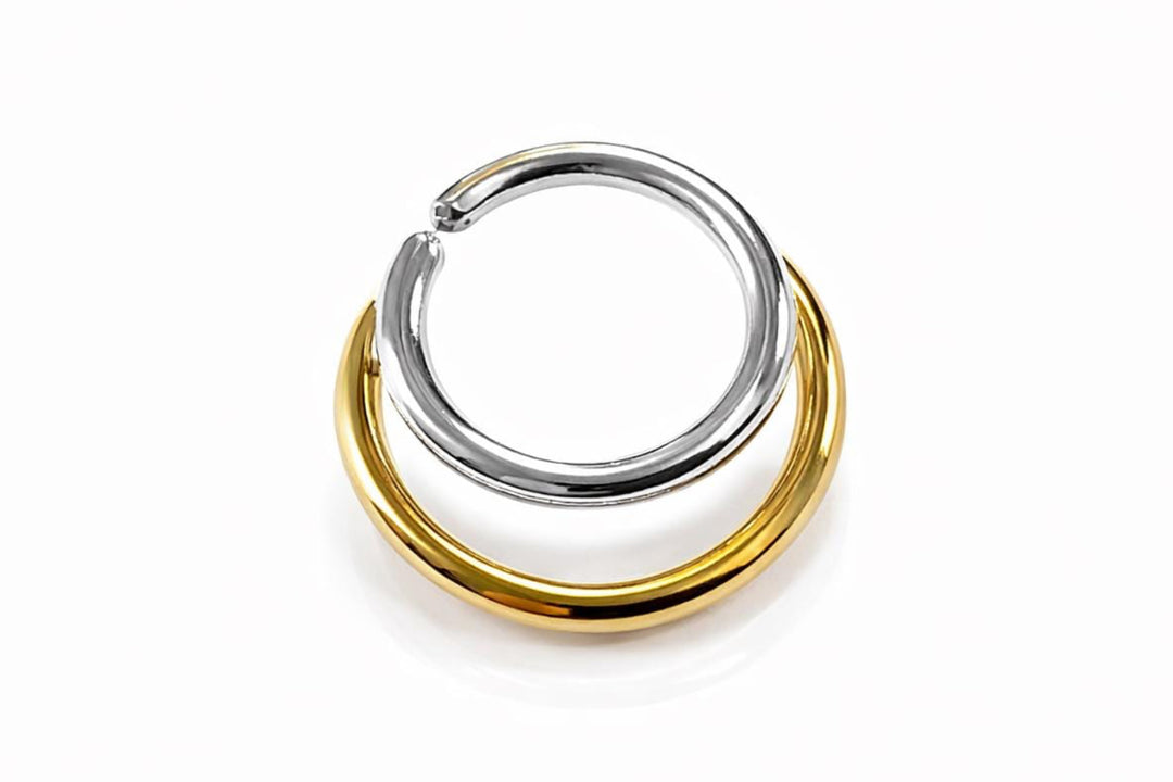Two Tone Septum Ring ~ Double Nose Ring ~ Body Jewelry Hoops ~ Sterling Silver and Solid 14 Karat Yellow Gold