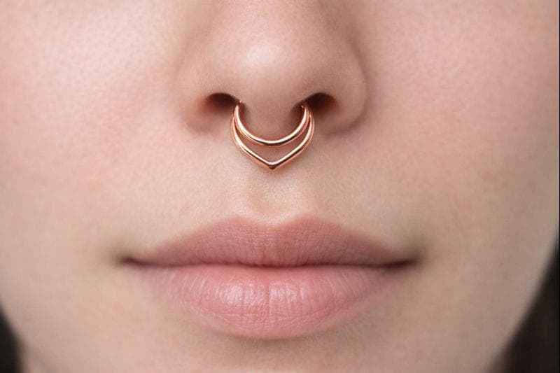 Rose Gold Double Septum Ring ~ Smooth and Pointy Layered Nose Hoop ~ Pink Gold Dipped Sterling Silver ~ Triangle Point Septum Jewelry