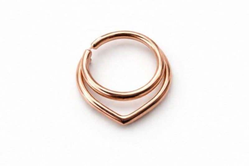 Rose Gold Double Septum Ring ~ Smooth and Pointy Layered Nose Hoop ~ Pink Gold Dipped Sterling Silver ~ Triangle Point Septum Jewelry
