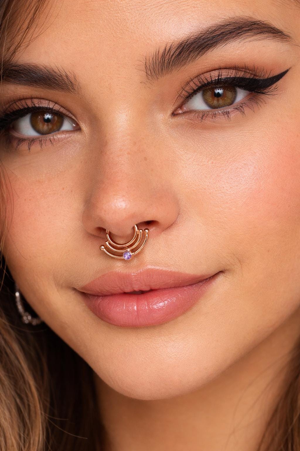 Amethyst Septum Ring ~ Rose Gold Dipped Sterling Silver Nose Hoop ~ 3mm Gem ~ Nose Ring Piercing Hoop