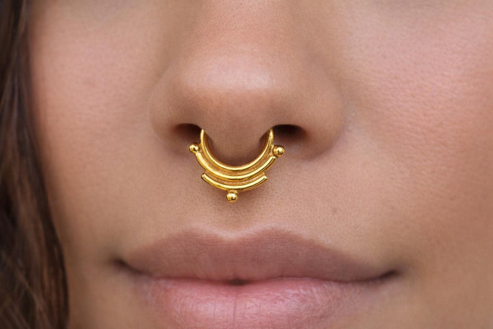 Beaded Gold Septum Ring ~ Simple Tribal Seamring Nose Ring ~ Yellow Gold Dipped Sterling Silver Body Jewelry