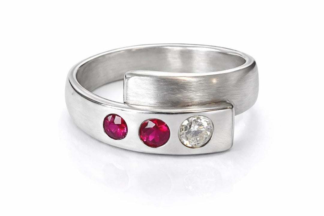 Ruby and Diamond Overlap Ring in Sterling Silver ~ July Birthstone Wrap Ring ~ Hand Forged Solid Sterling