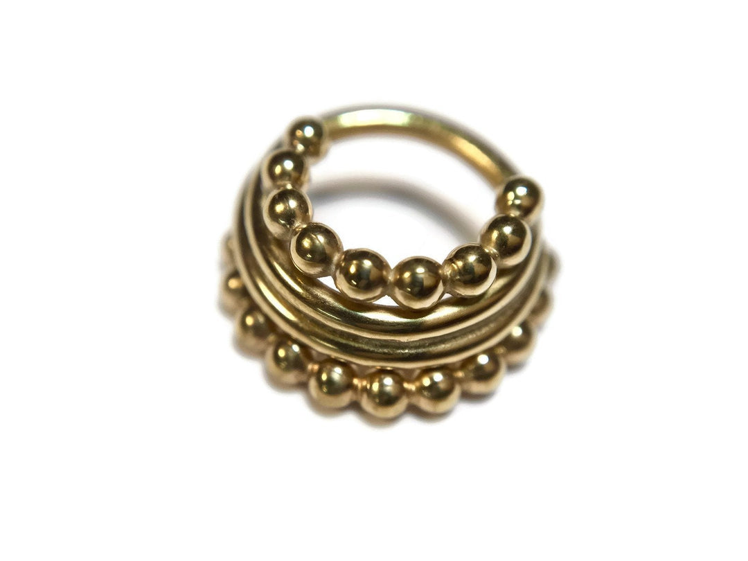 Solid 14 Karat Yellow Gold Beaded Stacked Septum Ring