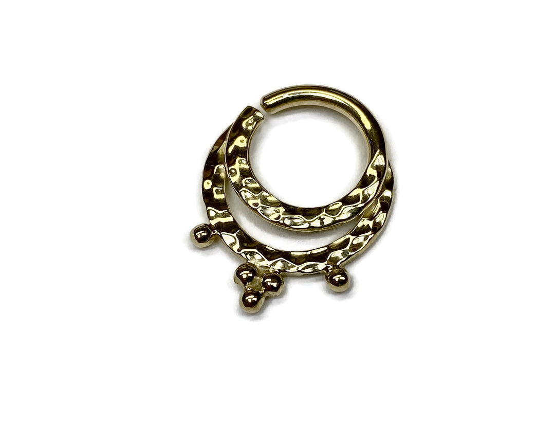 Solid 14 Karat Yellow Gold Beaded Double Hammered Septum Ring