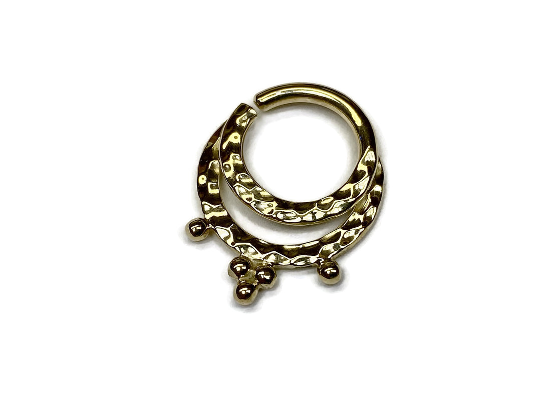 Yellow Gold Beaded Double Hammered Septum Ring