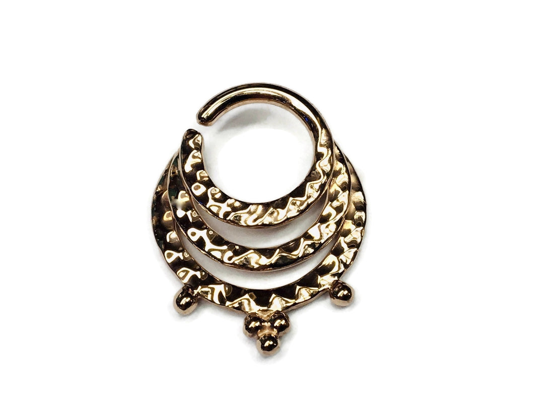 Yellow Gold Beaded Triple Hammered Septum Ring